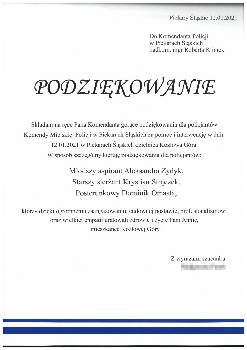 Podziękowanie dotyczące przeprowadzonej interwencji