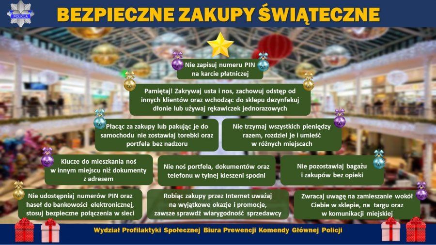 W lewym górnym roku policyjna odznaka. Na środku napis „Bezpieczne zakupy świąteczne” Pod spodem w kształcie choinki napisy: „Nie zapisuj numeru PIN” „Pamiętaj! Zakrywaj usta i nos, zachowuj odstęp od innych klientów oraz wchodząc do sklepu dezynfekuj dłonie lub używaj rękawiczek jednorazowych” „Płacąc za zakupy lub pakując je do samochodu nie zostawiaj torebki oraz portfela bez nadzoru” „Nie trzymaj wszystkich pieniędzy razem, rozdziel je i umieść w różnych miejscach” „Klucze do mieszkania noś w innym miejscu niż dokumenty z adresem” „ Nie noś portfela, dokumentów oraz telefonu w tylnej kieszeni spodni” „Nie pozostawiaj bagażu i zakupów bez opieki” „Nie udostępniaj numerów PIN oraz haseł do bankowości elektronicznej, stosuj bezpieczne połączenia w sieci” „Robiąc zakupy przez Internet uważaj na wyjątkowe okazje i promocje, zawsze sprawdź wiarygodność sprzedawcy” „Zwracaj uwagę na zamieszanie wokół Ciebie w sklepie, na targu oraz w komunikacji miejskiej”. Na dole po bokach ikony przedstawiające prezenty, natomiast na środku napis „Wydział Profilaktyki Społecznej Biuro Prewencji Komendy Głównej Policji”