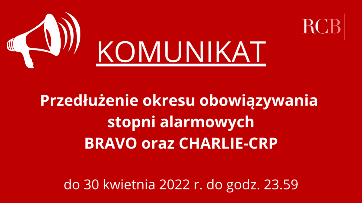 Przedłużenie okresu obowiązywania stopni alarmowych BRAVO oraz CHARLIE-CRP do 30 kwietnia 2022 roku  do godziny 23:59