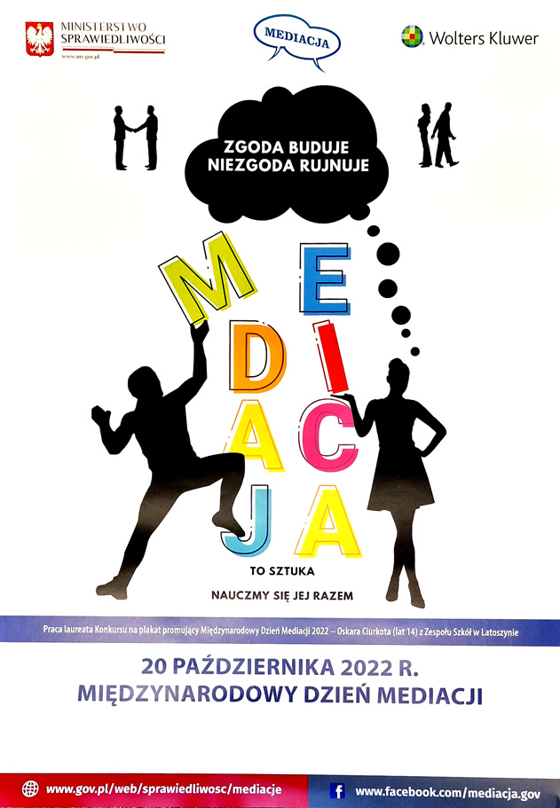 Plakat promujący Międzynarodowy Dzień Mediacji. Dwie osoby po bokach w środku napis mediacja