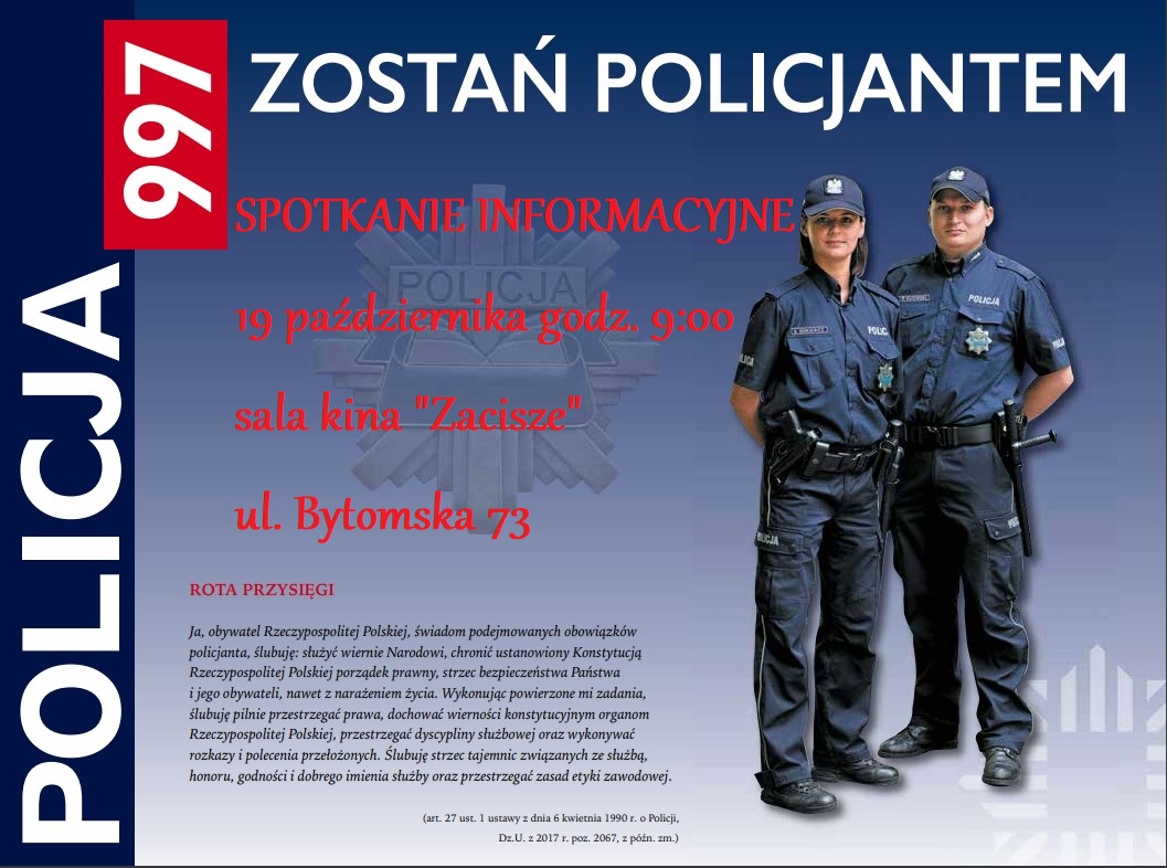 Plakat informujący o spotkaniu z policjantami w ramach rekrutacji do służby. 