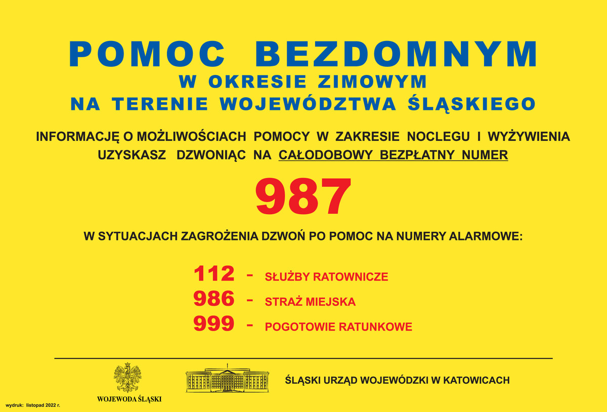 Plakat informacyjny z numerem telefonu dla osób bezdomnych 986