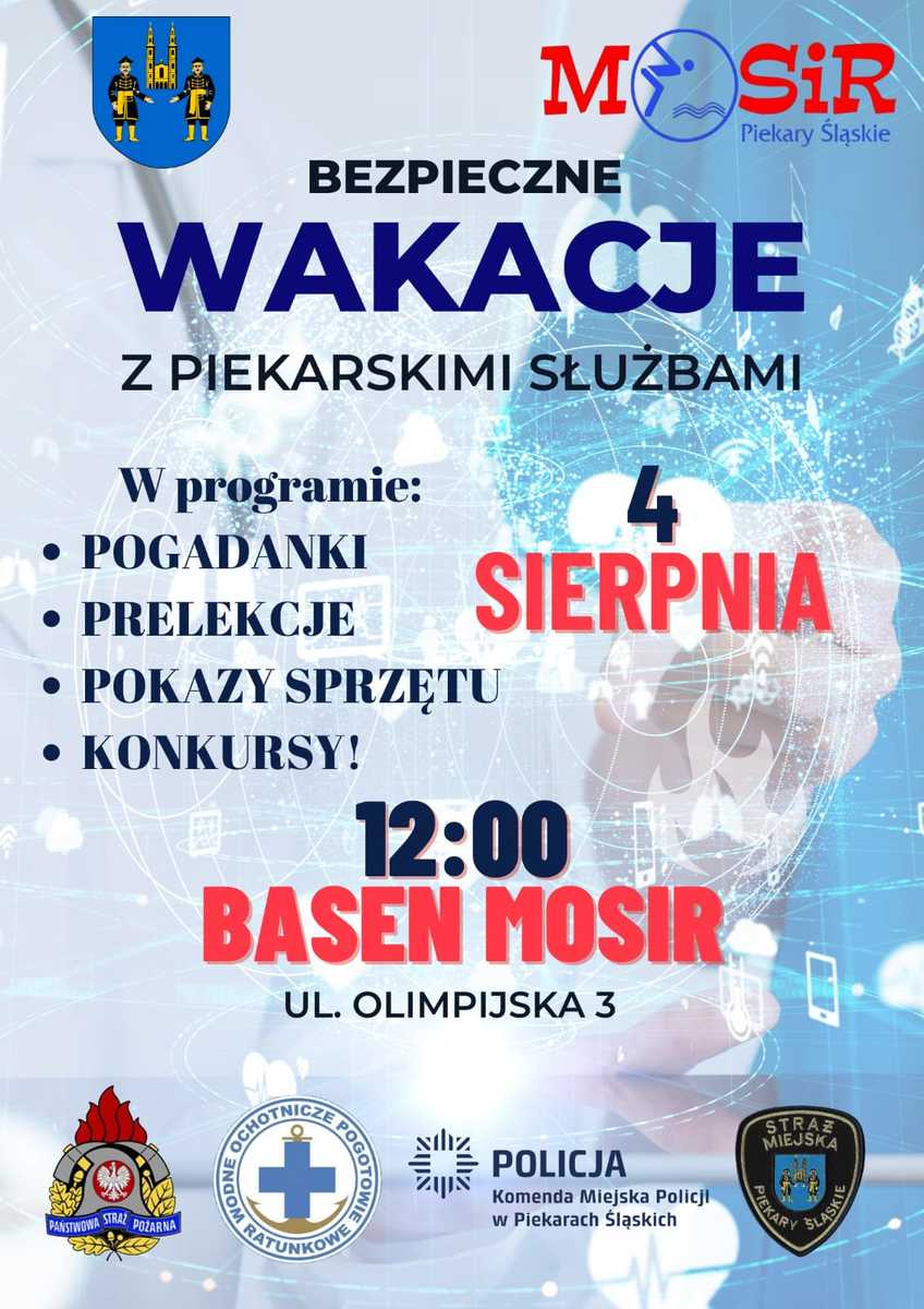 Plakat promujący wydarzenie 4 sierpnia godzina 12.00 basen ulica Olimpijska 3. Pokazy sprzętu, prelekcje na temat bezpieczeństwa, konkursy. 