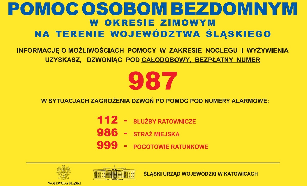 Plakat informujące osoby bezdomne o możliwości schronienia przed zimnem. telefon 987