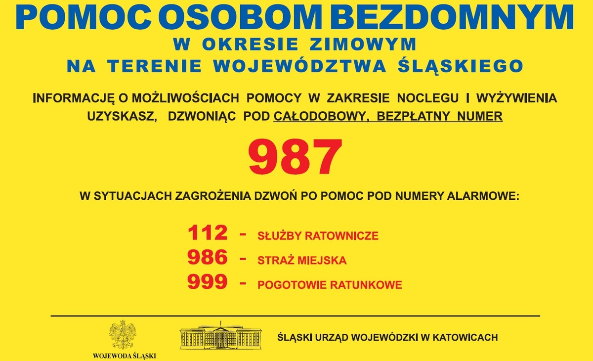 Plakat z numerem telefonu dla osób bezdomnych 987