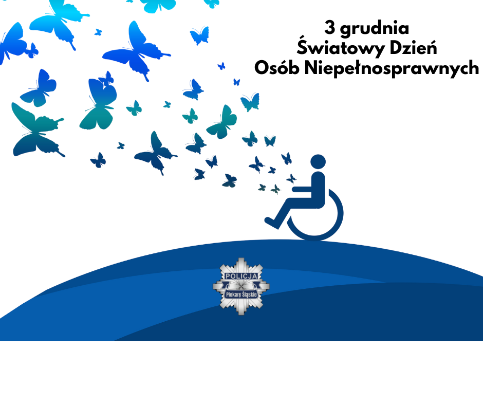 grafika przedstawia osobę na wózku inwalidzkim oraz motyle. Na dole logo Policji