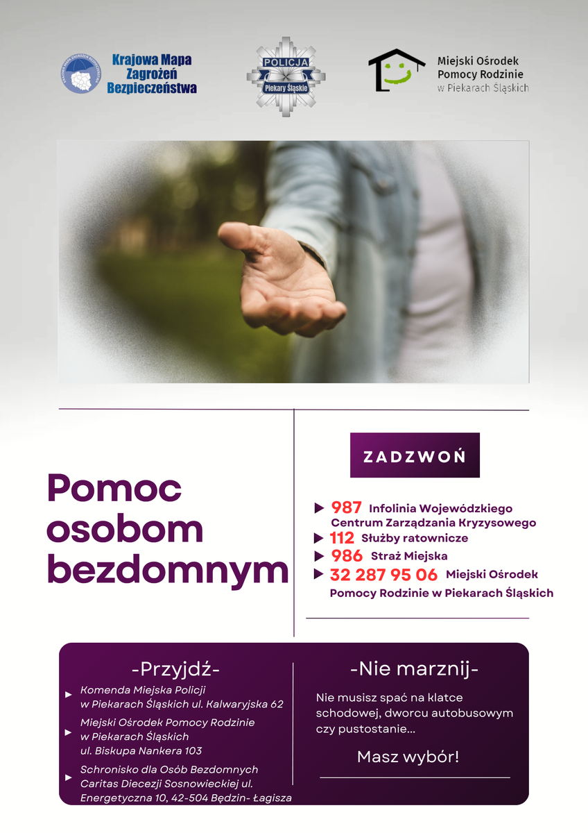 plakat z adresami pomocowymi i numerami telefonów dla osób bezdomnych