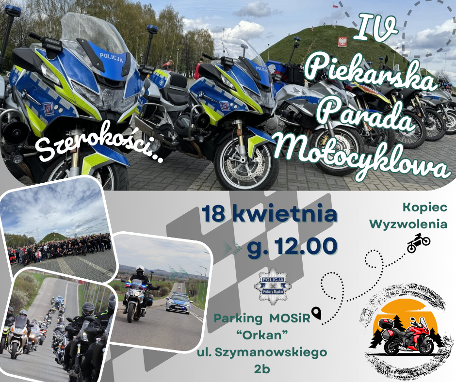 Plakat przedstawiający motocykle na tle Kopca Wyzwolenia z datą wydarzenia