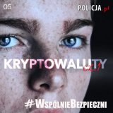 Zbliżenie na twarz młodego człowieka. Na środku napis Kryptowaluty.