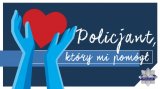 plakat promujący konkurs. Po lewej stronie ręce wyciągnięte w górę do serca. Po lewej stronie napis Policjant, który mi pomógł. W prawym dolnym rogu gwiazda policyjna.