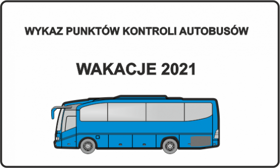 Ikona autokaru oraz napis &quot;Wykaz kontroli autobusów Wakacje 2021&quot;