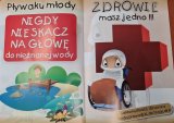 Z lewej strony napis &quot;Pływaku młody nigdy nie skacz na głowę do nieznanej wody&quot; -Chłopiec stojący na pomoście, przed nim woda z wystającymi skałami. Po prawej stronie napis &quot;Zdrowie masz jedno. Lekkomyślność i brawura mogą prowadzić do tragedii!&quot;- chłopiec owinięty w bandaże siedzący na wózku inwalidzkim.