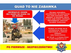 infografika zatytułowana Quady to nie zabawki, na której na czerwonym tle umieszczone są przepisy dot. użytkowania quadów. Przepisy omówione zostały w zamieszczonym tekście.