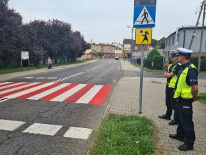 Umundurowani policjanci ruchu drogowego stojący przy jezdni podczas nadzoru przy oznakowanym przejściu dla pieszych w rejonie szkoły