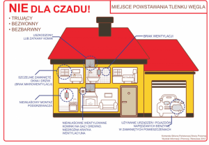 Grafika przedstawia dom wraz z pomieszczeniami. Wokół domu znajdują się napisy: &quot; Nie dla czadu!, trujący, bezwonny, bezbarwny, miejsce powstawania tlenku węgla, uszkodzony lub zatkany komin, brak wentylacji, szczelnie zamknięte okna i drzwi (brak mikrowentylacji), niewłaściwy montaż podgrzewacza, niewłaściwie wentylowane kominki na gaz i drewno, niedrożna kratka wentylacyjna, używanie urządzeń i pojazdów napędzanych benzyną w zamkniętych pomieszczeniach&quot; W prawym dolnym rogu napis &quot; Komenda Główna Straży Pożarnej Wydział Informacji i Promocji Warszawa 2012&quot;