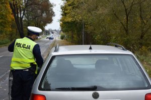 Umundurowany policjant stojący obok kontrolowanego pojazdu