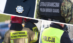 kolaż czterech zdjęć, na trzech zdjęciach odwróceni tyłem funkcjonariusze policji, straży granicznej i  państwowej straży pożarnej z nazwami służb na plecach kamizelek założonych na mundury, na czwartym zdjęciu klapa garnituru z logiem służby ochrony państwa