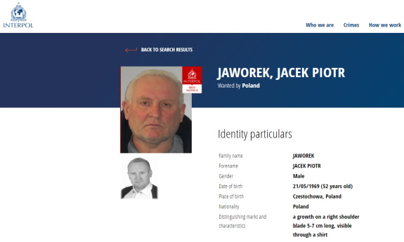 Screen ze strony Interpolu. Poszukiwany Jacek Jaworek