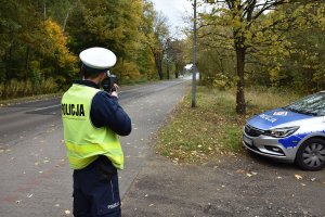 Umundurowany policjant kontrolujący prędkość pojazdów. Po prawej stronie oznakowany policyjny radiowóz