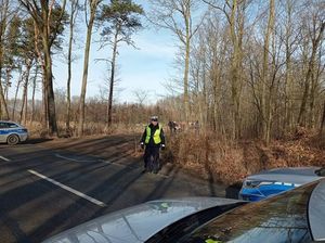 Umundurowany policjant podczas zabezpieczenia trasy biegu.