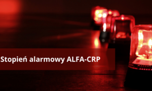 Czerwone diody oraz napis &quot;Stopień alarmowy ALFA-CRP&quot;