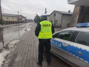 Umundurowany policjant stoi obok oznakowanego radiowozu w rejonie przejścia dla pieszych.