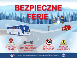 Grafika przedstawia Autobus oraz samochód na zaśnieżonej drodze. Na górze napis &quot;Bezpieczne ferie&quot;, na dole znaki drogowe