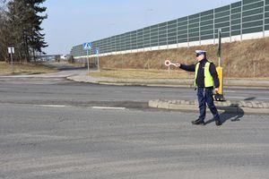 Umundurowany policjant stoi na jezdni i wskazuje ręką dając sygnał do zatrzymania