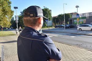 Policjant podczas nadzoru przy przejściu dla pieszych