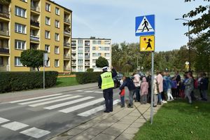 Policjant wraz z uczniami podczas przechodzenia przez przejście dla pieszych