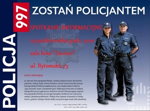 Plakat informujący o spotkaniu z policjantami w ramach rekrutacji do służby.