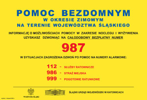 Plakat informacyjny z numerem telefonu dla osób bezdomnych 986