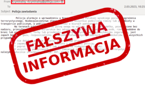 Zdjęcie przedstawia wiadomość tekstową, na której widnieje napis &quot;Fałszywa informacja&quot;