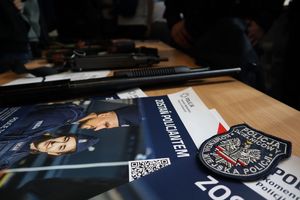 Zdjęcie przedstawia na stole poukładane plakaty promujące służbę w Policji oraz naszywkę &quot;Dzielnicowy&quot;