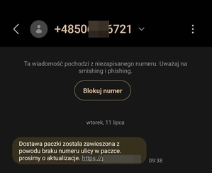 Wiadomość sms od oszusta z prośbą o kliknięcie w przesłany link