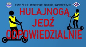 Hulajnogą jedź odpowiedzialnie. Grafika przedstawia dwie osoby jadące na hulajnogach