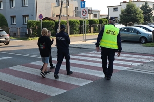 Zdjęcie przedstawia policjantów i strażnika miejskiego przy przejściu dla pieszych