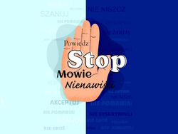 Plakat z dłonią i napisem Stop mowie nienawiści