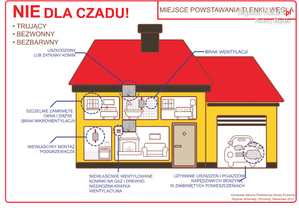 grafika przedstawia dom, w którym oznaczone są miejsca gdzie może ulatniać się czad