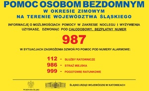 Plakat informujące osoby bezdomne o możliwości schronienia przed zimnem. telefon 987