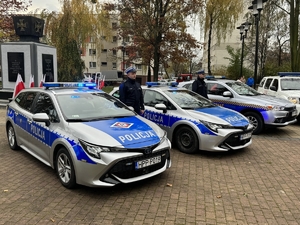 Zdjęcie przedstawia policjantów stojących przy radiowozach