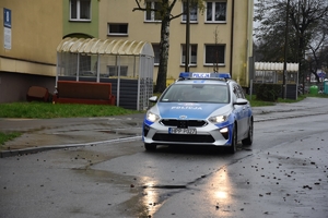 Zdjęcie przedstawia jadący oznakowany radiowóz