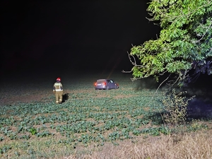 Zdjęcie samochodu w polu oraz idącego strażaka