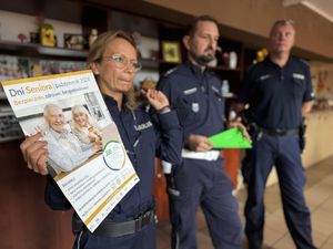 Zdjęcia z pogadanki policjantów oraz strażaków z seniorami