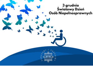 Grafika przedstawia osobę na wózku inwalidzkim, która wypuszcza motyle