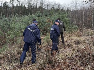 Zdjęcia przedstawiają policjantów oraz strażników leśnych podczas wspólnego patrolu lasu