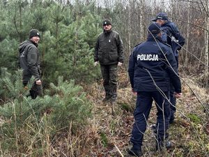 Zdjęcia przedstawiają policjantów oraz strażników leśnych podczas wspólnego patrolu lasu