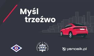 grafika przedstawiająca samochód oraz napis myśl trzeźwo