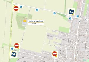 Grafika przedstawiające wprowadzone zmiany organizacji ruchu w rejonie Kopca Wyzwolenia
