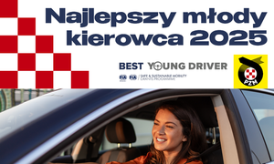 Napis najlepszy młody kierowca oraz wizerunek kobiety za kierownicą samochodu